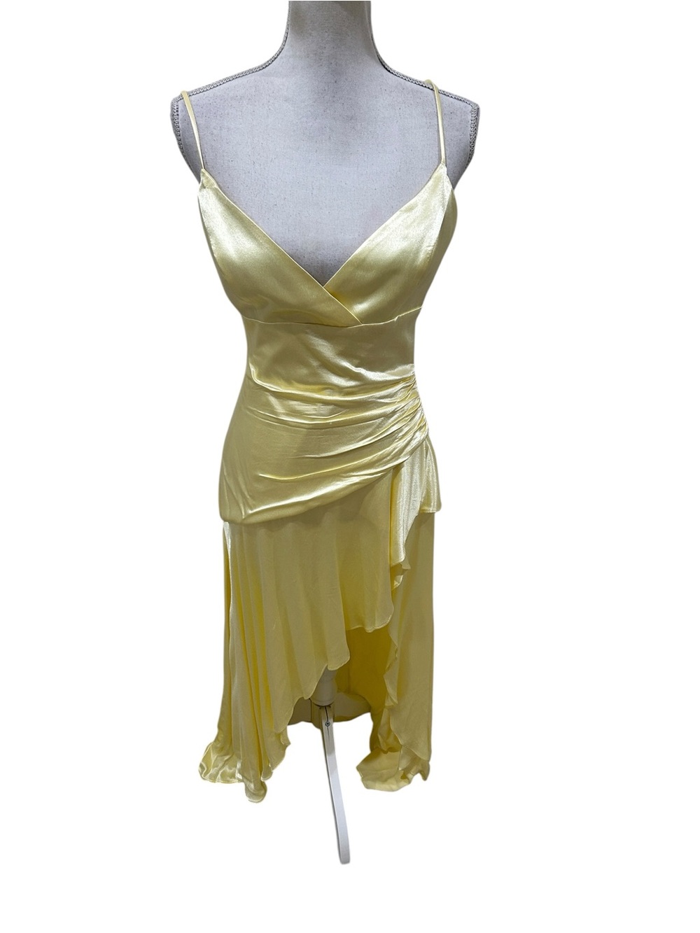 NWT Bardot Pale Yellow Satin Asymmetrical Slip spaghetti strap Maxi Dress medium